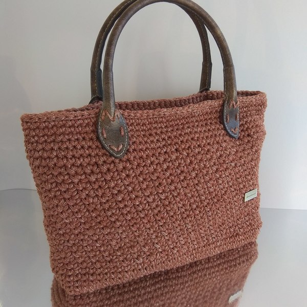 Κεραμιδί πλεκτή τσάντα με δερμάτινα χερούλια - crochet, μεγάλες, χειρός, πλεκτές τσάντες