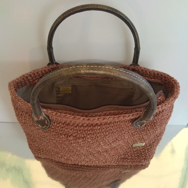 Κεραμιδί πλεκτή τσάντα με δερμάτινα χερούλια - crochet, μεγάλες, χειρός, πλεκτές τσάντες - 2