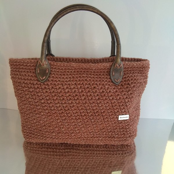 Κεραμιδί πλεκτή τσάντα με δερμάτινα χερούλια - crochet, μεγάλες, χειρός, πλεκτές τσάντες - 3