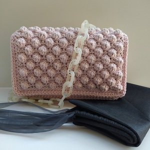 Πλεκτή τσάντα σε χρώμα ροζ πούδρας με βαμβακερό νήμα και κοκκάλινη αλυσίδα - ροζ, ώμου, πλεκτές τσάντες, μικρές, μικρές - 4