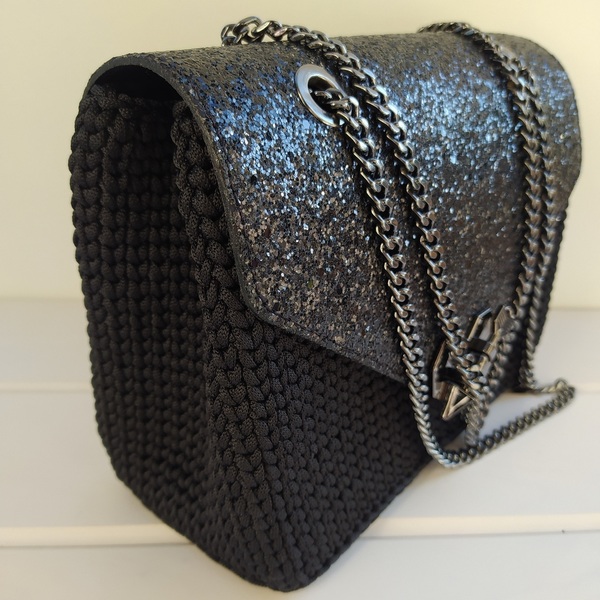 Μαύρη πλεκτή τσάντα με χρυσοσκονη - χιαστί, πλεκτές τσάντες, μικρές, μικρές - 5