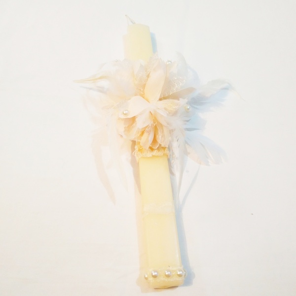 " Νυφική" λαμπάδα με λουλούδια- πούπουλα και περλες - λαμπάδες, για ενήλικες