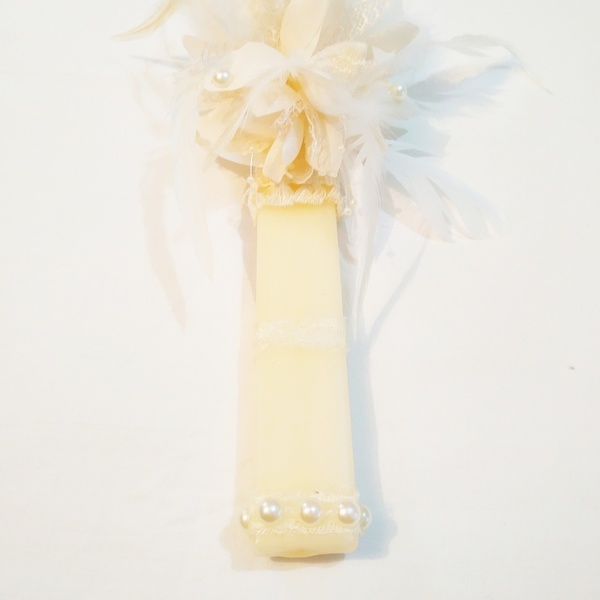 " Νυφική" λαμπάδα με λουλούδια- πούπουλα και περλες - λαμπάδες, για ενήλικες - 3
