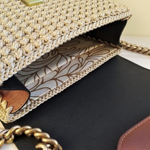 Πλεκτή μπεζ τσάντα με δερμάτινα ταμπά στοιχεία - δέρμα, ώμου, πλεκτές τσάντες, μικρές, μικρές - 2