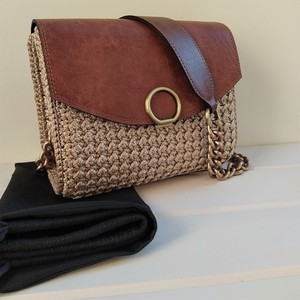 Πλεκτή μπεζ τσάντα με δερμάτινα ταμπά στοιχεία - δέρμα, ώμου, πλεκτές τσάντες, μικρές, μικρές - 5
