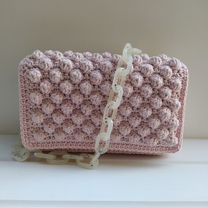 Πλεκτή τσάντα σε χρώμα ροζ πούδρας με βαμβακερό νήμα και κοκκάλινη αλυσίδα - ροζ, ώμου, πλεκτές τσάντες, μικρές, μικρές