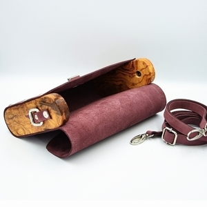 Γυναικεία τσάντα από ξύλο ελιάς και δέρμα σε μωβ χρώμα - δέρμα, ξύλο, χιαστί, χειροποίητα, μικρές - 3