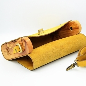 Κίτρινη δερμάτινη τσάντα με ξύλο ελιάς - δέρμα, ξύλο, μοντέρνο, clutch, χειροποίητα, μικρές - 3