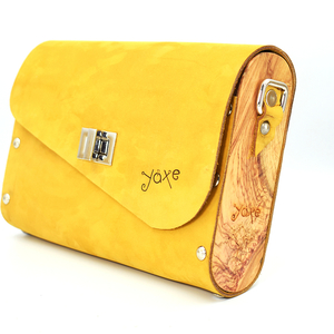 Κίτρινη δερμάτινη τσάντα με ξύλο ελιάς - δέρμα, ξύλο, μοντέρνο, clutch, χειροποίητα, μικρές - 4