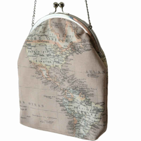 Τσαντάκι μπεζ World map με μεταλλικό πλαίσιο - vintage, χιαστί, φθηνά, μικρές, φθηνές - 2