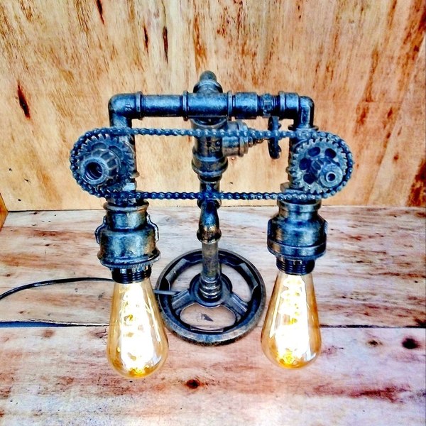T A L O S, Double Pendant Pipe Lamp, Industrial Steampunk Desk Lamp, Steampunk Lamp Switch, Gear Art, Recycled Lamp, Unique Gift Shop - πορτατίφ - 3