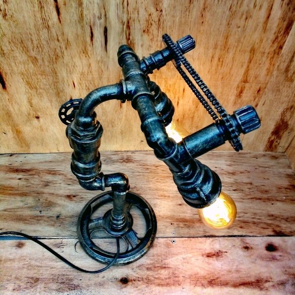 T A L O S, Double Pendant Pipe Lamp, Industrial Steampunk Desk Lamp, Steampunk Lamp Switch, Gear Art, Recycled Lamp, Unique Gift Shop - πορτατίφ - 4