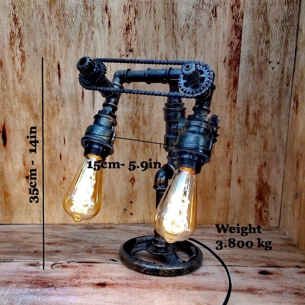 T A L O S, Double Pendant Pipe Lamp, Industrial Steampunk Desk Lamp, Steampunk Lamp Switch, Gear Art, Recycled Lamp, Unique Gift Shop - πορτατίφ - 5