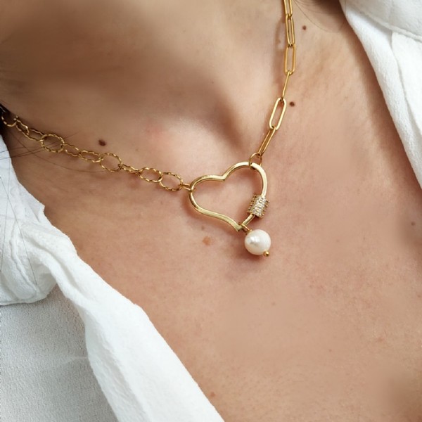 Heart Necklace - ημιπολύτιμες πέτρες, επιχρυσωμένα, καρδιά, επάργυρα, κοντά, ατσάλι