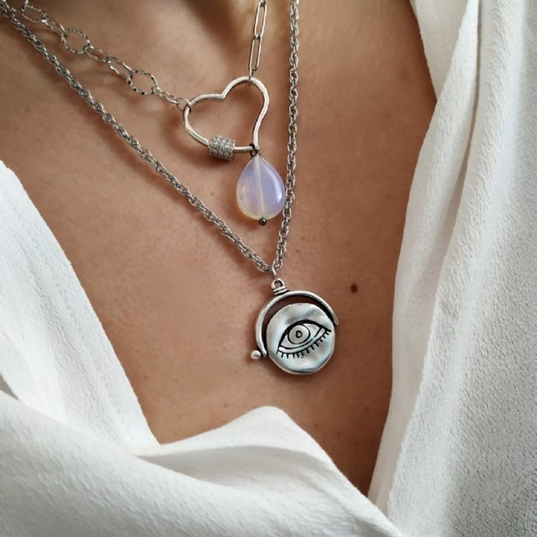 Heart Necklace - ημιπολύτιμες πέτρες, επιχρυσωμένα, καρδιά, επάργυρα, κοντά, ατσάλι - 3
