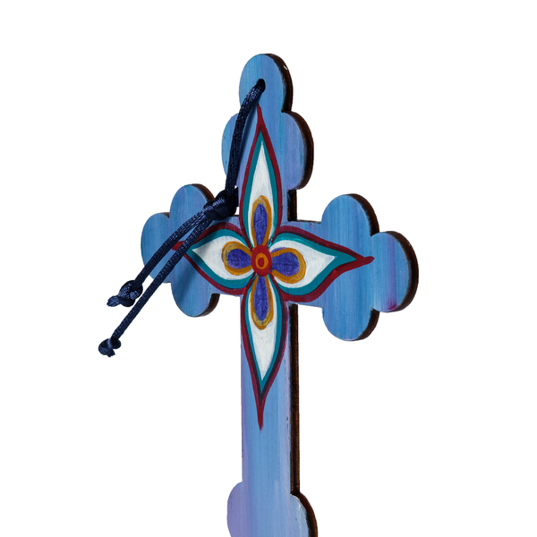 Ζωγραφιστός σταυρός με μπλε λουλούδι - διακοσμητικά, σταυροί, για παιδιά, για ενήλικες, για μωρά - 3