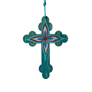 Ζωγραφιστός σταυρός με γαλάζιο λουλούδι - διακοσμητικά, σταυροί, για παιδιά, για ενήλικες, για μωρά