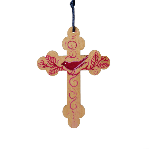 Ξύλινος σταυρός με κόκκινο πουλί -01 - διακοσμητικά, σταυροί, για παιδιά, για ενήλικες, για μωρά