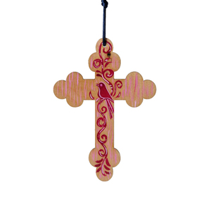 Ξύλινος σταυρός με κόκκινο πουλί -02 - διακοσμητικά, σταυροί, για παιδιά, για ενήλικες, για μωρά