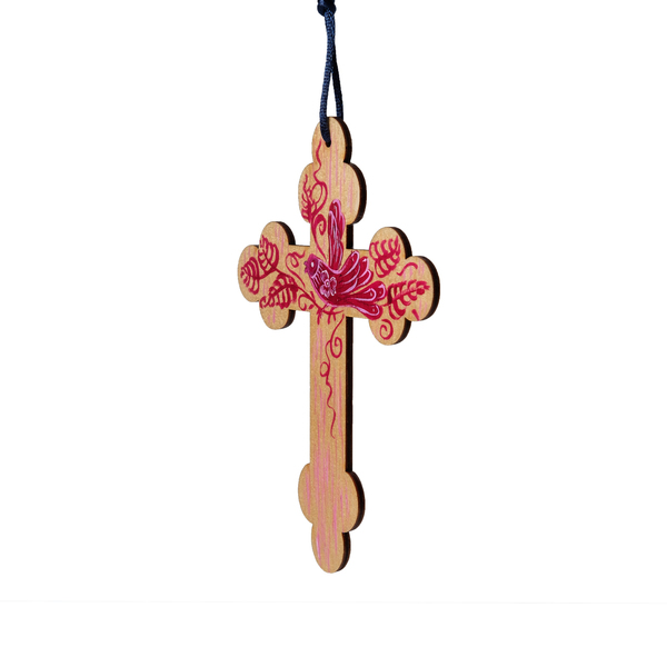 Ξύλινος σταυρός με κόκκινο πουλί -03 - διακοσμητικά, σταυροί, για παιδιά, για ενήλικες, για μωρά - 2