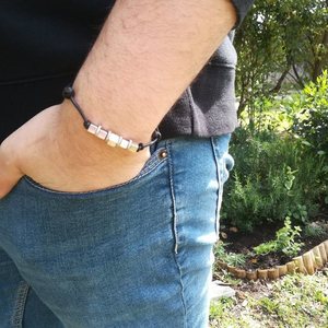 Αντρικό βραχιόλι με μεταλλικούς κύβους - δέρμα, βραχιόλια, μεταλλικά στοιχεία, αυξομειούμενα - 2