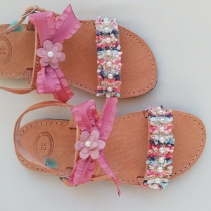 Bow sandals - δέρμα, boho, με πέρλες - 2