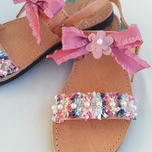 Bow sandals - δέρμα, boho, με πέρλες - 3