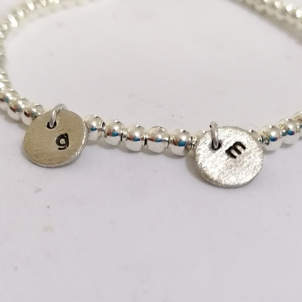 "Initial" bracelet with silver plated beads and alpaca hand stamped letters - επάργυρα, όνομα - μονόγραμμα, χάντρες, αυξομειούμενα, προσωποποιημένα - 2