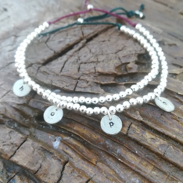 "Initial" bracelet with silver plated beads and alpaca hand stamped letters - επάργυρα, όνομα - μονόγραμμα, χάντρες, αυξομειούμενα, προσωποποιημένα - 4