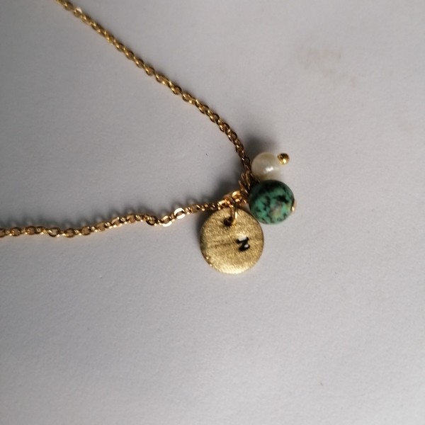 Minimal initial chain necklace with semiprecious stones - ημιπολύτιμες πέτρες, charms, ορείχαλκος, όνομα - μονόγραμμα, minimal - 2