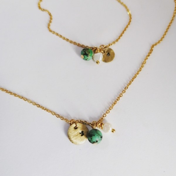 Minimal initial chain necklace with semiprecious stones - ημιπολύτιμες πέτρες, charms, ορείχαλκος, όνομα - μονόγραμμα, minimal - 3