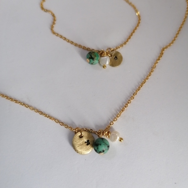 Minimal initial chain necklace with semiprecious stones - ημιπολύτιμες πέτρες, charms, ορείχαλκος, όνομα - μονόγραμμα, minimal - 4