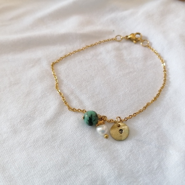 Minimal initial chain bracelet with natural stones - ορείχαλκος, όνομα - μονόγραμμα, γιορτή της μητέρας, φθηνά, προσωποποιημένα - 2
