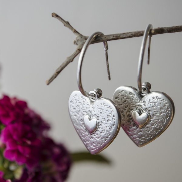 Heart earrings - ορείχαλκος, καρδιά, επάργυρα, κρίκοι - 2