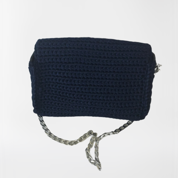 Τσάντα πλεκτή χειροποίητη χρώμα μπλε με ασημένια στοιχεία και δέρμα - δέρμα, ώμου, πλεκτές τσάντες, μικρές - 3