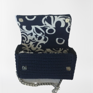 Τσάντα πλεκτή χειροποίητη χρώμα μπλε με ασημένια στοιχεία και δέρμα - δέρμα, ώμου, πλεκτές τσάντες, μικρές - 4