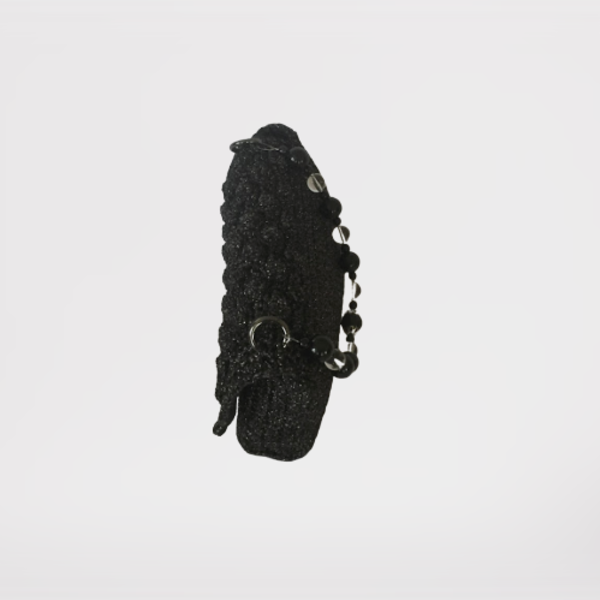 Τσάντα πλεκτή χειροποίητη χρώμα μαύρο με ασημί μαύρα στοιχεία και πέρλες - ώμου, πλεκτές τσάντες, μικρές, μικρές - 4