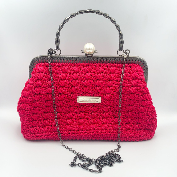 Κοκκινη πλέκτη τσάντα με κούμπωμα και πέρλα - clutch, χιαστί, πλεκτές τσάντες, βραδινές, μικρές, φθηνές