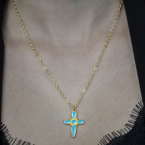Turqoise cross necklace - charms, επιχρυσωμένα, ορείχαλκος, σταυρός, κοντά - 4