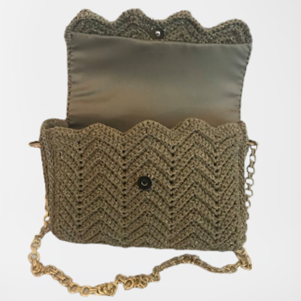 Τσάντα πλεκτή χειροποίητη χρώμα χρυσό με χρυσά στοιχεία - ώμου, πλεκτές τσάντες, μικρές - 4