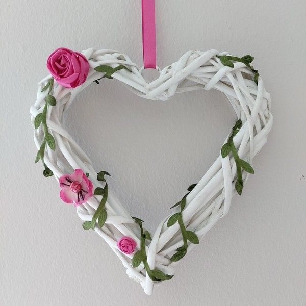 Ξύλινο στεφάνι σχήμα καρδιάς - ξύλο, καρδιά, στεφάνια, τριαντάφυλλο, romantic - 4