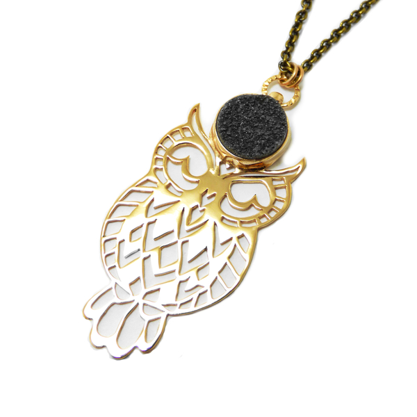 " Golden Druzy Black Owl " - Χειροποίητο επιχρυσωμένο μενταγιόν σε σχήμα κουκουβάγιας και ημιπολύτιμο μαύρο Αχάτη. - αχάτης, επιχρυσωμένα, ορείχαλκος, κουκουβάγια, μακριά