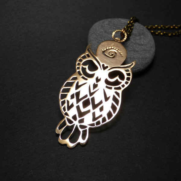 " Golden Druzy Black Owl " - Χειροποίητο επιχρυσωμένο μενταγιόν σε σχήμα κουκουβάγιας και ημιπολύτιμο μαύρο Αχάτη. - αχάτης, επιχρυσωμένα, ορείχαλκος, κουκουβάγια, μακριά - 4