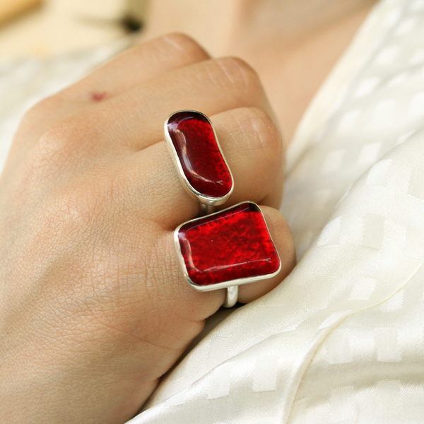 Κόκκινο δαχτυλίδι χειροποίητο με μοναδικό κόκκινο γυαλί, glassart, handmade bezel - ασήμι, γυαλί, χειροποίητα, boho, σταθερά, μεγάλα - 2