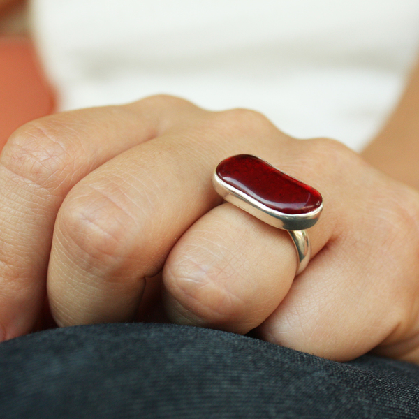 Κόκκινο δαχτυλίδι χειροποίητο με μοναδικό κόκκινο γυαλί, glassart, handmade bezel - ασήμι, γυαλί, χειροποίητα, boho, σταθερά, μεγάλα - 4