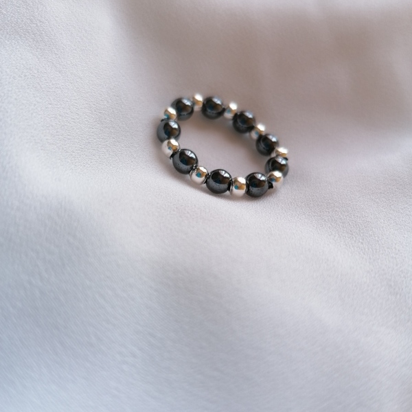 SILVER PLATED BEADED RINGS WITH ROUND HEMATITE STONES - chic, αιματίτης, βεράκια, σταθερά, φθηνά - 2