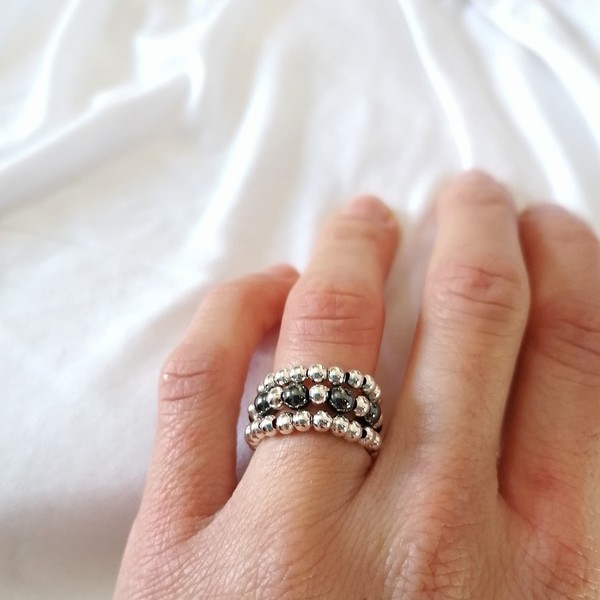SILVER PLATED BEADED RINGS WITH ROUND HEMATITE STONES - chic, αιματίτης, βεράκια, σταθερά, φθηνά - 4