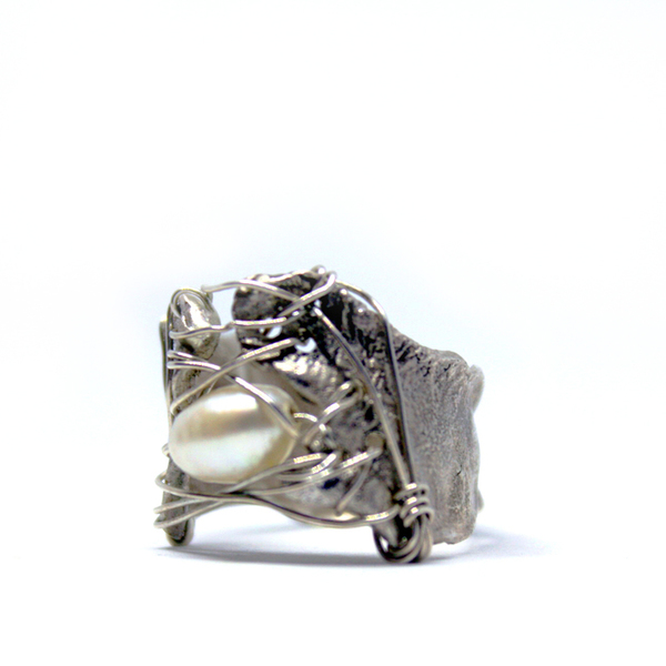 Δαχτυλίδι ασημένιο 925 χειροποίητο με οξείδωση και μαργαριταρι - μαργαριτάρι, chevalier, επιχρυσωμένα, σταθερά