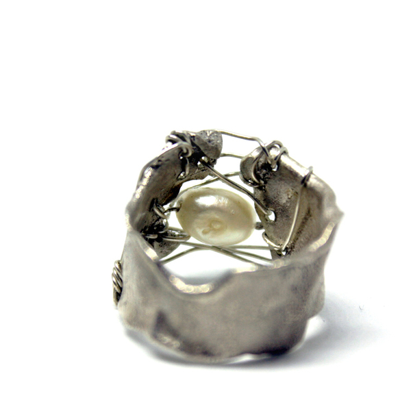 Δαχτυλίδι ασημένιο 925 χειροποίητο με οξείδωση και μαργαριταρι - μαργαριτάρι, chevalier, επιχρυσωμένα, σταθερά - 3