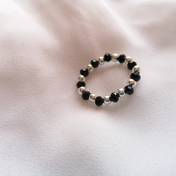 SILVER PLATED BEADED RINGS WITH BLACK GLASS BEADS - επάργυρα, minimal, βεράκια, σταθερά, φθηνά